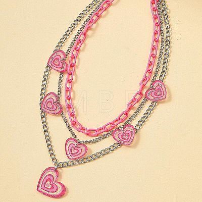 Acrylic Pink Glitter Heart Pendant 304 Stainless Steel Chain 3 Layer Necklaces for Women FS-WG9B734-01-1