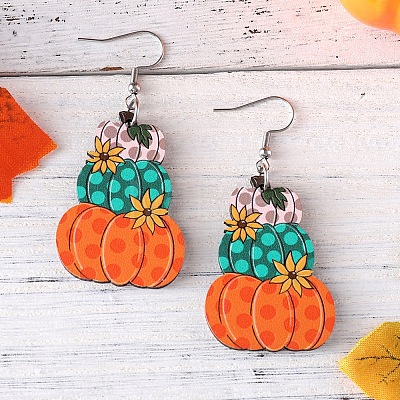 Thanksgiving Day Pumpkin Stainless Steel Wood Dangle Earrings FS-WG285B1-02-1