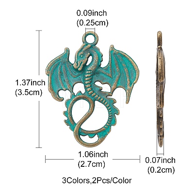 6Pcs 3 Styles Alloy Dragon Pendants FIND-FS0001-76-1