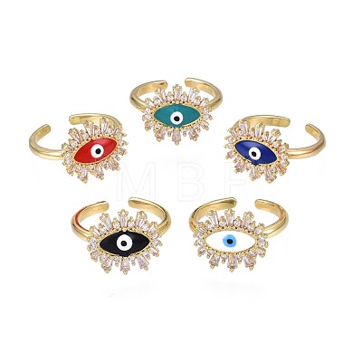 Clear Cubic Zirconia Evil Eye Open Cuff Ring with Enamel for Women RJEW-N035-097-1