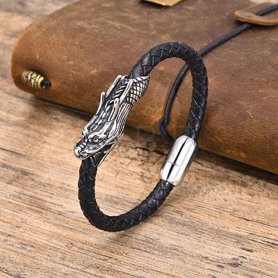 PU Leather Braided Bead Bracelet with Stainless Steel Dragon Head PW-WG46959-01-1