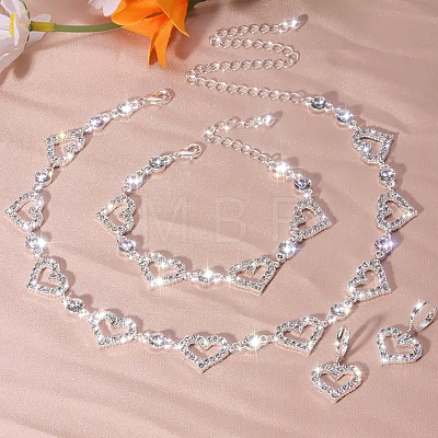 Heart Alloy Crystal Rhinestone Link Chain Necklace & Hoop Earring & Bracelets Sets FS-WG0CDC6-01-1-1