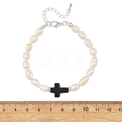 Dyed Synthetic Turquoise Black Religion Cross & Natural Pearl Rice Beaded Bracelets BJEW-JB14403-1