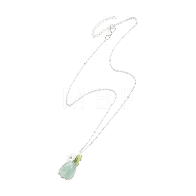 Raw Natural Green Fluorite Nuggets with Flower Wire Wrapped Pendant 304 Stainless Steel Cable Chain Necklaces NJEW-TA00268-1