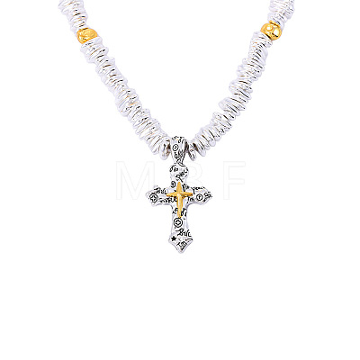 Religion Two Tone Alloy Cross Pendant Synthetic Hematite Chip Beaded Necklaces for Men WG8791E-01-1
