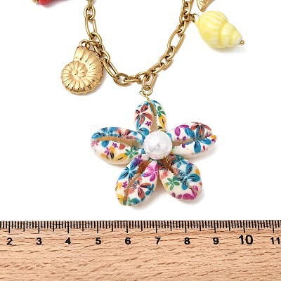 Printed Natural Cowrie Shell Colorful Flower & Ceramics Shell Shape Fish Pendant 304 Stainless Steel Chain Bib Necklaces for Women NJEW-A063-03G-1