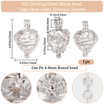 Beebeecraft 1Pc Rhodium Plated 925 Sterling Silver Empty Bead Cage Pendants STER-BBC0005-70A-1