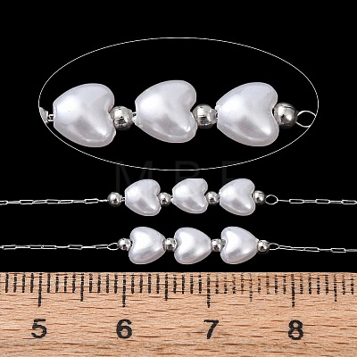 304 Stainless Steel Round Bead & ABS Plastic Pearl Heart Bead Cable Chains CHS-G048-07P-1