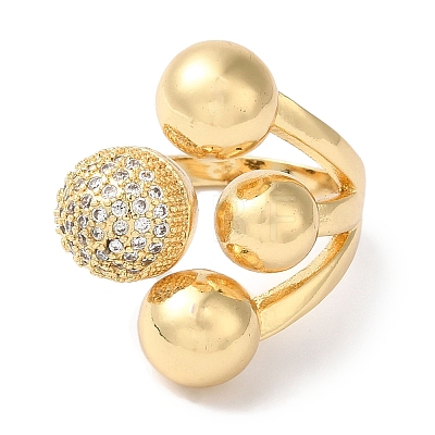 Brass Micro Pave Clear Cubic Zirconia Round Ball Open Cuff Rings for Women RJEW-C098-18G-1