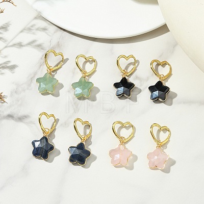 Brass & Natural Green/Blue Aventurine & Quartz Crystal & Rose Quartz & Obsidian Hoop Dangle Earrings EJEW-JE07236-1