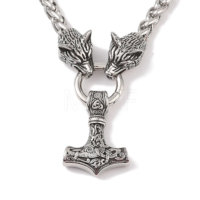 304 Stainless Steel Wolf Head King Wheat Chain Viking Mjolnir Thor Hammer Pendant Necklaces for Men NJEW-K278-05AS-1