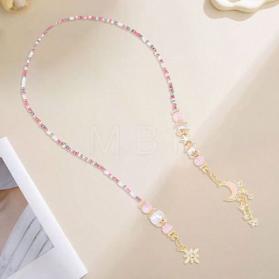 1Pc Alloy & Resin & Glass Seed Bead & Rhinestone Moon Star Beaded Chain Bookmarks AJEW-BM0001-40-1