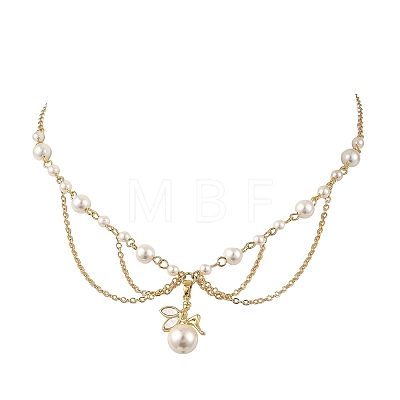 Natural Shell Brass Fairy Pendant Brass & White Round Shell Pearl Beaded Chain Necklaces for Women NJEW-JN06405-1