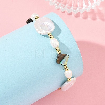 Natural Baroque Keshi Pearl Oval & Paua Shell & Freshwater Pearl Beaded Bracelets BJEW-JB14337-1