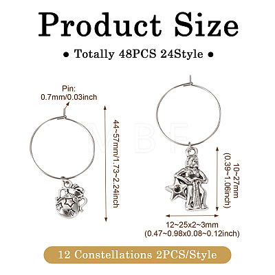 48Pcs 24 Style 12 Constellations Alloy Wine Glass Charms with Rhinestone AJEW-TAC00002-1