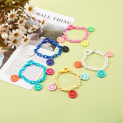 Opaque Acrylic Smiling Face Charm Bracelets BJEW-JB06258-1