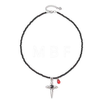 Alloy Enamel Gothic Cross and Red Teardrop Pendant Faceted Rondelle Glass Beaded Necklaces NJEW-JN05827-1