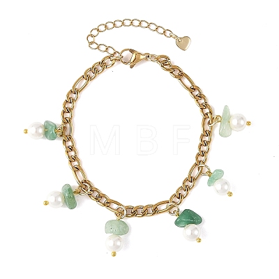 Natural Gemstone Chip and Shell Pearl Beads Tassel 304 Stainless Steel Figaro Chain Bracelets BJEW-JB14346-1