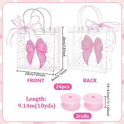 24Pcs Bowknot Print Transparent PVC Packing Bags with 2 Rolls Polyester Ribbons ABAG-PH0001-86-1