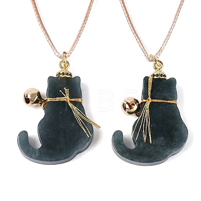 Natural Myanmar Jade Cat Pendant Adjustable Cord Necklaces NJEW-N064-01-1