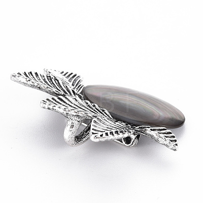 Natural Black Lip Shell Oval with Leaf Brooch PALLOY-Q438-001B-RS-1