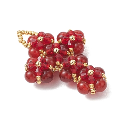 Natural & Synthetic Gemstone Round Beads & Glass Seed Beaded Cross Pendants PALLOY-MZ01151-1