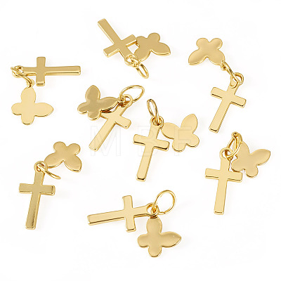 10Pcs Cross with Butterfly Brass Pendants PALLOY-TAC0272-1