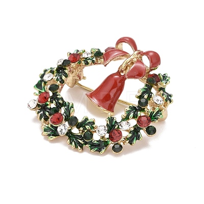 Colorful Christmas Wreath with Bell Enamel Pin with Rhinestone JEWB-A004-07G-1