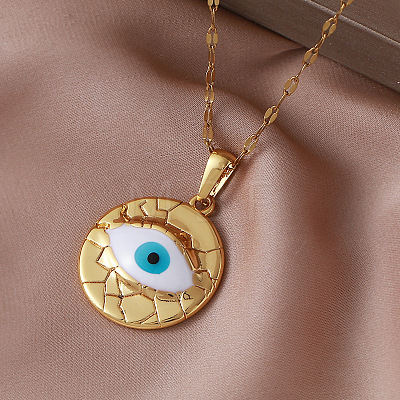 Vintage 304 Stainless Steel Enamel White Evil Eye Pendant Necklaces for Women QI8338-1