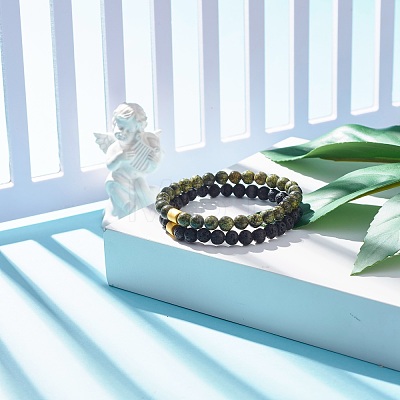 2Pcs 2 Style Natural Serpentine/Green Lace & Lava Rock Round Beaded Stretch Bracelets Set with Column Synthetic Hematite BJEW-JB07575-1