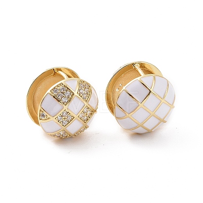 Clear Cubic Zirconia Tartan Pattern Ball Huggie Hoop Earrings with Enamel EJEW-F303-03G-02-1