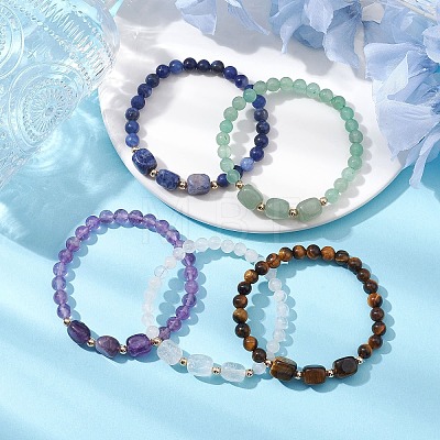 Natural & Synthetic Mixed Gemstone Cube & Round Beaded Stretch Bracelets BJEW-JB10807-1