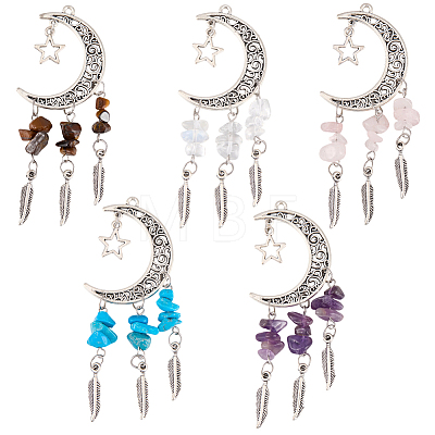 10Pcs 5 Styles Opalite & Synthetic Turquoise & Natural Amethyst & Tiger Eye & Rose Quartz Chip and Alloy Hollow Moon Big Pendants FIND-BM0001-84-1