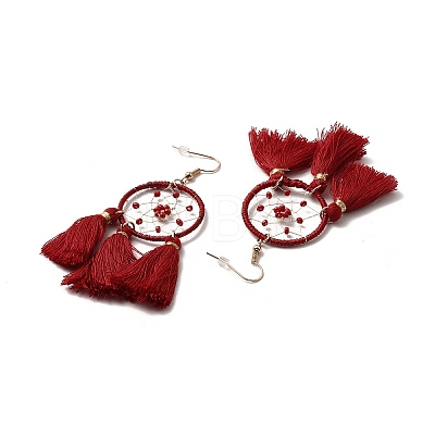 Tassels Woven Net Dangle Earrings with Resin Beaded EJEW-E267-04RC-1