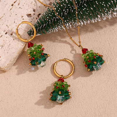 304 Stainless Steel Enamel with Glass Pendant Necklaces & Hoop Earrings Sets FS-WG4D061-03-1