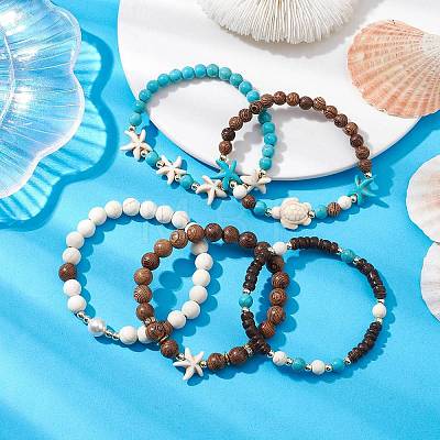 10Pcs 10 Styles Synthetic Turquoise & Coconut & Wood Beaded Stretch Bracelet Sets BJEW-JB10719-1