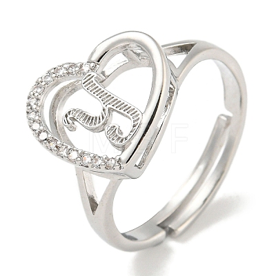 Heart with Letter Rack Plating Brass Micro Pave Cubic Zirconia Adjustable Rings for Women RJEW-I105-06P-Y-1