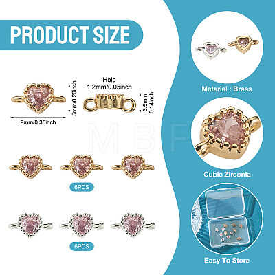 12Pcs 2 Colors Brass Pave Cubic Zirconia Heart Links Connector Charms KK-TA0003-48B-1