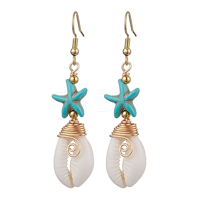 Starfish Brass with Synthetic Turquoise & Cowrie Shell Dangle Earrings EJEW-JE06141-01-1