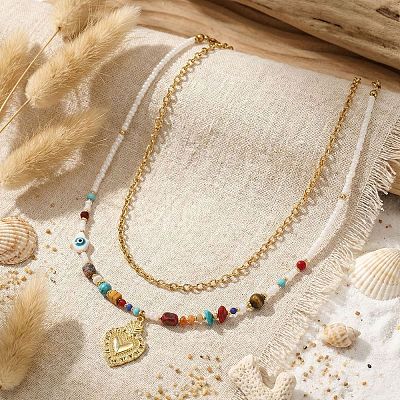 Handmade Natural Mixed Stone Beaded Double Layer Necklaces with Stainless Steel Sacred Heart Pendant for Women Daily Wear OB9788-1-1