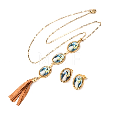 304 Stainless Steel Resin Pendant Necklaces & Stud Earrings Sets for Women SJEW-B022-02G-1