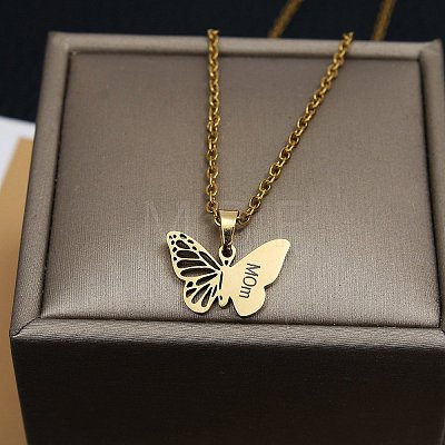 Mother's Day 304 Stainless Steel Filigree Butterfly Engraved Mum Pendant Necklaces for Women FS-WG8B29F-01-1