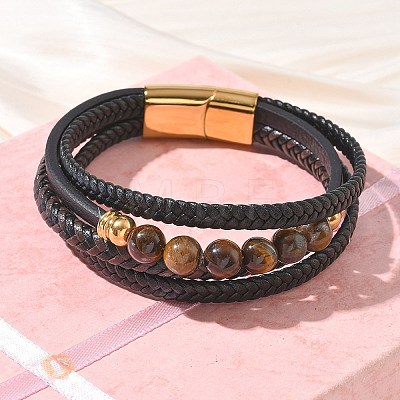 Braided Microfiber Leather Cord & Natural Tiger Eye Multi-strand Bracelets BJEW-C153-01H-1