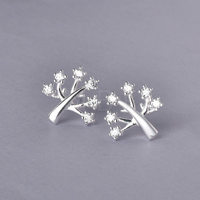 925 Sterling Silver Micro Pave Clear Cubic Zirconia Tree Stud Earrings FS-WG69278-01-1