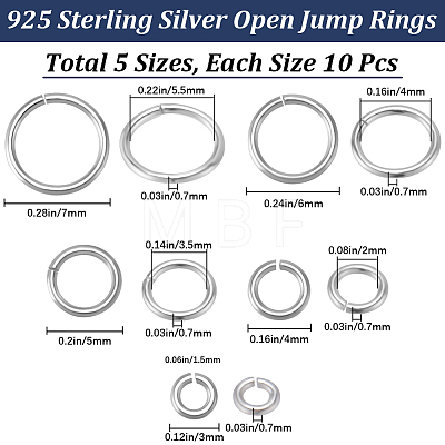 Beebeecraft 50Pcs 5 Styles 925 Sterling Silver Open Jump Rings STER-BBC0006-19-1