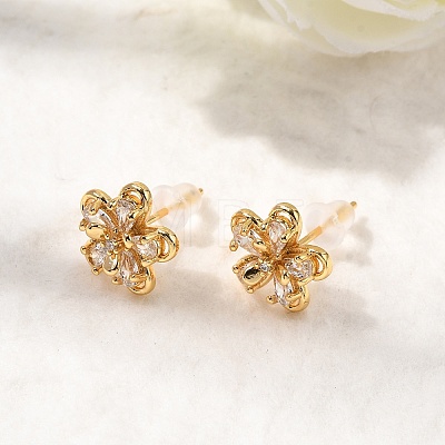 Brass Micro Pave Clear Cubic Zirconia Flower Stud Earrings EJEW-C158-17C-G-1