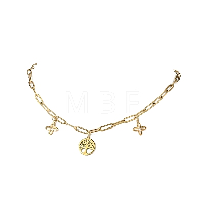 304 Stainless Steel Tree of Life and Cross Pendant Paperclip Chain Necklaces for Women NJEW-JN05664-1