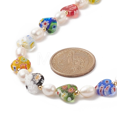 Natural Pearl & Millefiori & Brass Beaded Necklace for Women NJEW-JN04177-02-1