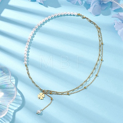 Round Shell Pearl & Brass Chain Flower Pendant Necklaces NJEW-JN04963-1
