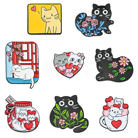 9Pcs 9 Styles Cartoon Cat & Flower Enamel Pins JEWB-SZ0002-07-1